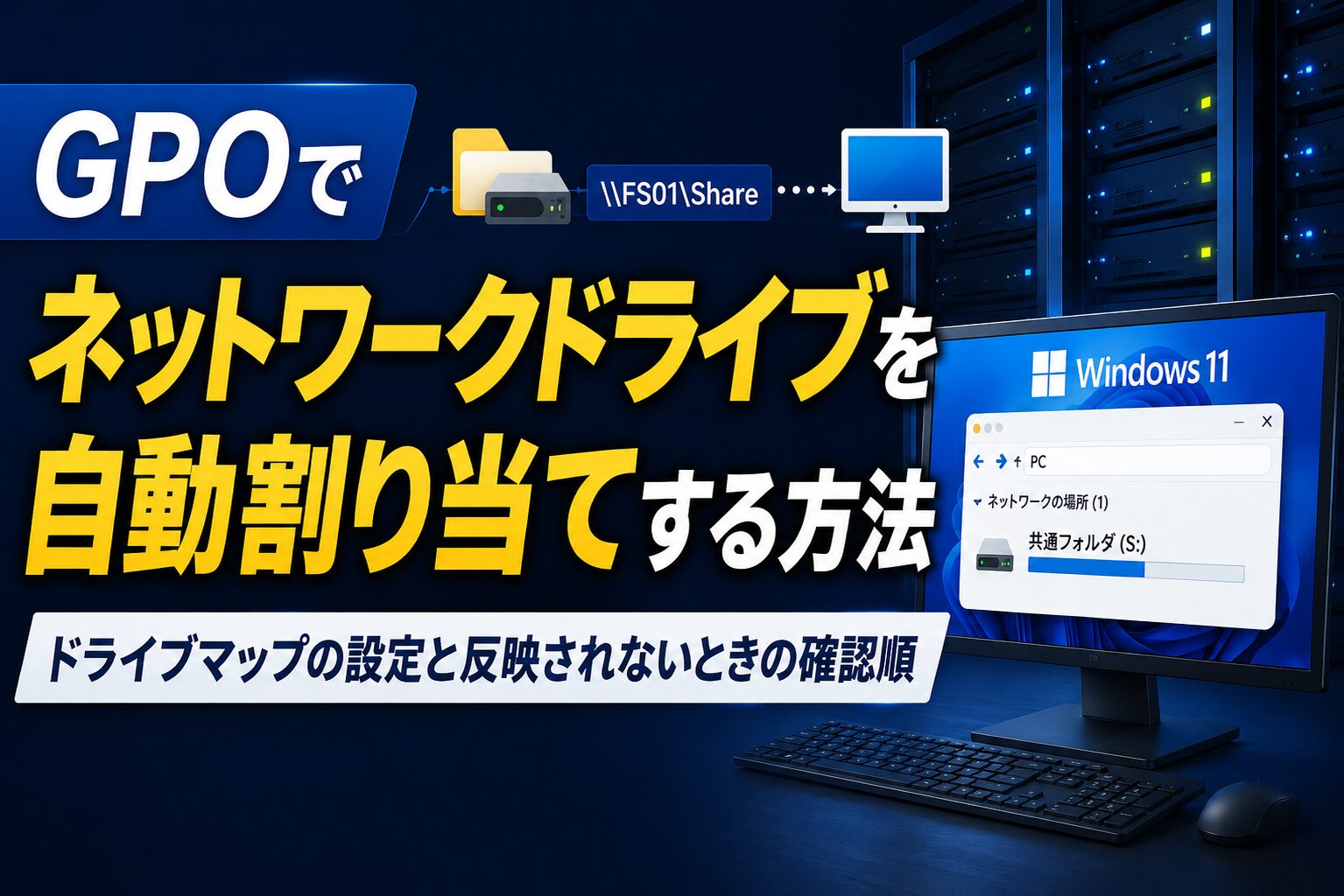 GPOでネットワークドライブを自動割り当てするイメージ