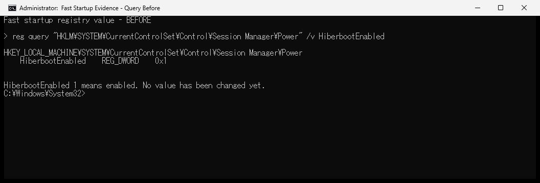 reg queryで変更前のHiberbootEnabledが0x1と表示されたコマンドプロンプト画面