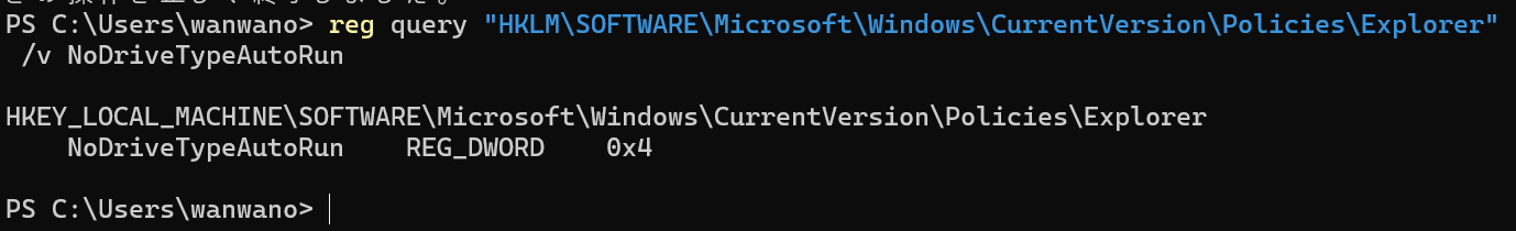 変更後のreg queryでNoDriveTypeAutoRunが0x4になった結果