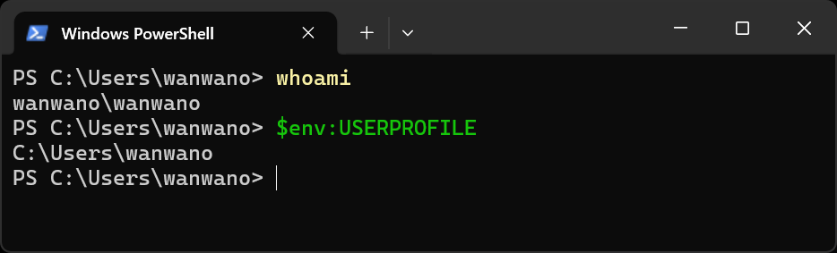 PowerShellでwhoamiとUSERPROFILEを実行し新しいユーザー名とプロファイルパスを確認した画面