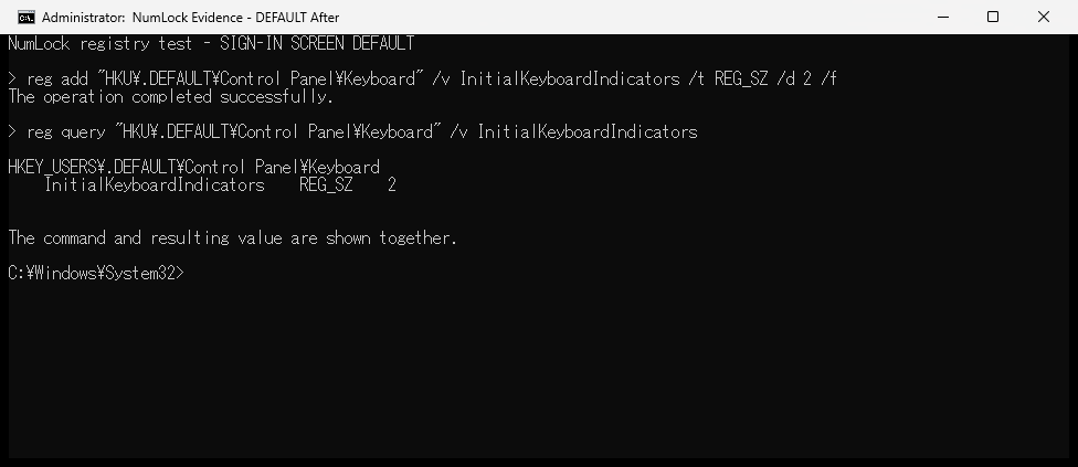 reg addでログイン画面用のInitialKeyboardIndicatorsを2へ変更しreg queryで確認した画面